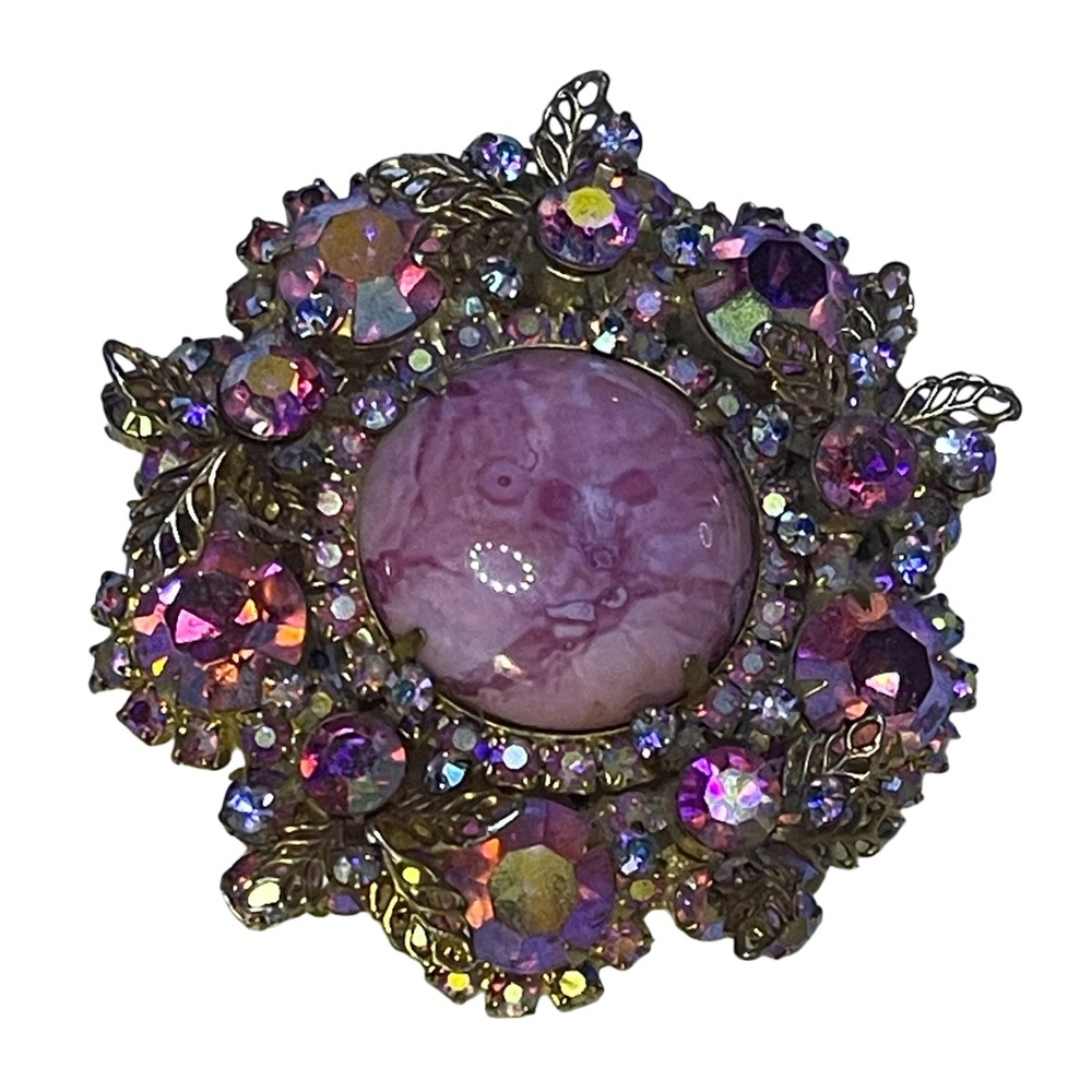 Vintage Juliana Large Pink Marbled Cabochon Aurora Borealis Crystal Brooch - Picture 3 of 9